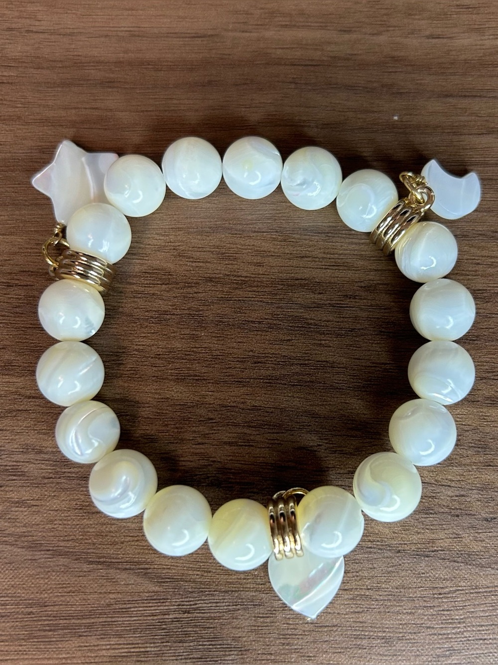 White Beaded Charm Bracelet with Moon, Star, and Heart